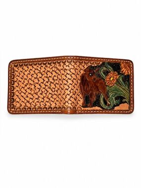 Hand-Tooled Leather Bifold Wallet Basketweave Design Brown floral bull boho
